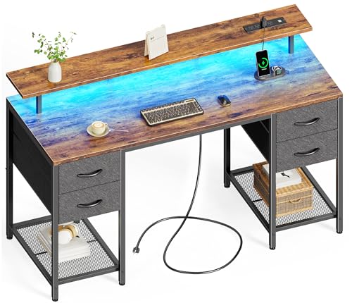 Huuger 55 inch Computer Desk with Power Outlets & 4 Drawers - color: Rustic Brown, size: 55 Inch