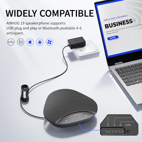 AIRHUG Bluetooth Speakerphone for 8 People, 2 Expansion Microphones | 360° Voice Pickup, Noise Reduction, Conference Speaker with Microphone