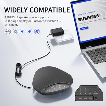 AIRHUG Bluetooth Speakerphone for 8 People, 2 Expansion Microphones | 360° Voice Pickup, Noise Reduction, Conference Speaker with Microphone