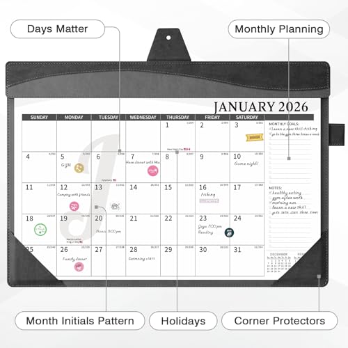 Ospelelf Leather Desk Calendar 2026-2027 with Storage Pocket Protective Cover Large 12"x17" Monthly Planner Pad 18 Months January 2026 - June 2027 Black - color: Black Gray, size: 12" X 17" (Jan.2026 - June.2027)