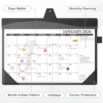 Ospelelf Leather Desk Calendar 2026-2027 with Storage Pocket Protective Cover Large 12"x17" Monthly Planner Pad 18 Months January 2026 - June 2027 Black - color: Black Gray, size: 12" X 17" (Jan.2026 - June.2027)