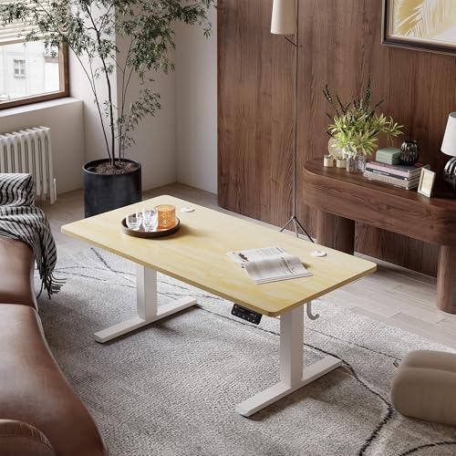 YIHAYO Low Height Adjustable Desk, Lifts 18.1-28.3 Inches, Electric Standing Desk for Short People, 55 x 24 Inches Computer Table with Splice Board for Home Office, Natural - color: White Frame/Natural Top, size: 55*24 Inch