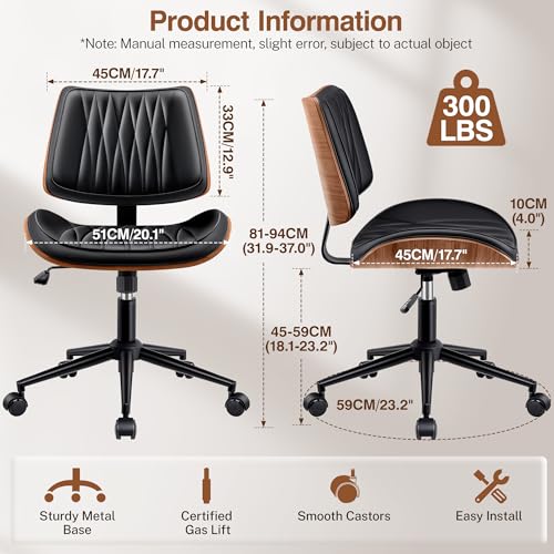 Ergonomic Armless Office Desk Chair - Mid-Century Modern Black Faux Leather with Diamond Stitch, Adjustable Height Swivel Rolling Task Computer Chair with Walnut Accent for Home Office, Study & Work - color: Black, size: 1 Pack