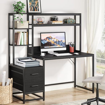 Tribesigns 55 Inch Computer Desk with 2 Drawers and Storage Shelves, Rustic Office Desk with Hutch, Study Writing Gaming Table Laptop Workstation for Home Office (Black) - color: Black