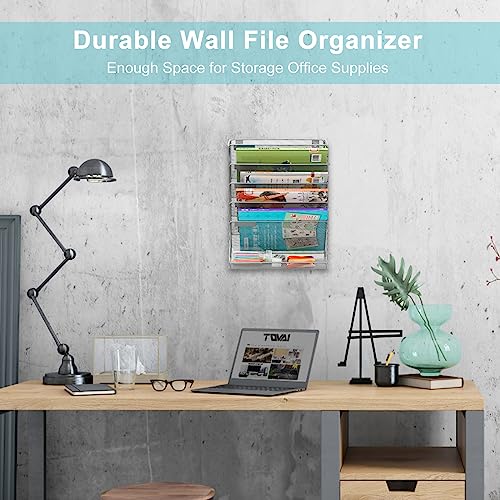 EasyPAG 5 Tier Wall File Holder, Mesh Hanging Folder Organizer with Classify Label, Versatile Desk File Holder, Vertical Wall Mounted Mail Organizer for Office Home Cubicle, Silver - color: Silver