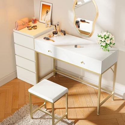 SUPERJARE 43-inch Modern White & Gold Desk - 2 Drawer Vanity - color: Gold and White, size: 43.3 inch
