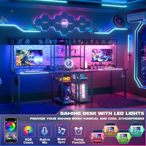 Cyclysio Gaming Desk with Hutch, 39'' Computer Desk with LED Lights & Power Outlets, Home Office Desk with Reversible 5 Tiers Storage Shelves & Monitor Stand, Small Gaming Table for Small Space, Black | Home Office Desk with LED Lights & Power Outlets, Co