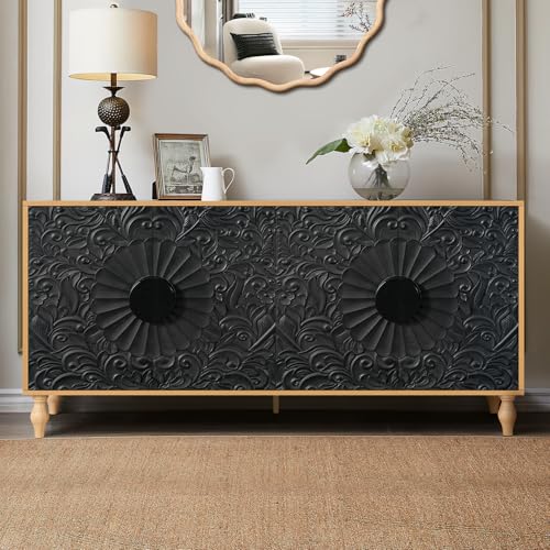 Sideboard Buffet Credenza for Living Room Cabinet with Storage | 63"W Entryway Table with Adjustable Shelves, Carved Doors Modern Vintage Mid Centry Sideboard Console Wire Hole Black&Natural - color: Black+natural