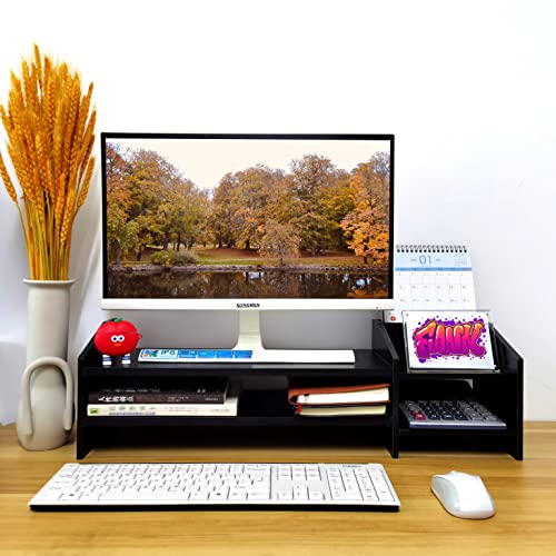 Computer Monitor Riser, 2 Tier Wooden Stand With Two Layer Storage Rack, Black Desktop Organizer for PC/Laptop, Home & Office
