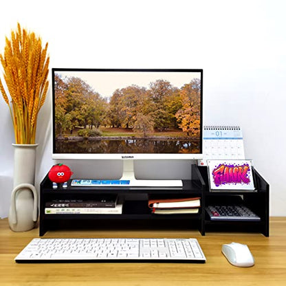 Computer Monitor Riser, 2 Tier Wooden Stand With Two Layer Storage Rack, Black Desktop Organizer for PC/Laptop, Home & Office