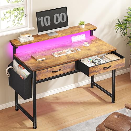 DurayLoly Gaming Desk with 2 Drawers &LED Lights,Space Saving,Rustic Brown - color: Brown, size: 31.0 Inch