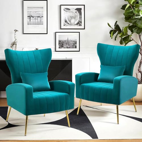 Velvet Accent Chairs Set of 2, Modern Arm Chair with Wingback & Gold Metal Legs for Living Room, Bedroom, Waiting Room, Lumbar Pillow Included, Dark Teal - color: Teal, size: 2PCS with Channel Tufted