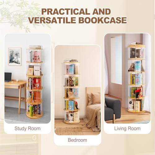 TAKEKIT 360° Rotating Bookshelf, 5-Tier Spinning Book Shelf Tower with Solid Wood & Clear Acrylic, Round Revolving Bookcase for Living Room, Bedroom and Office - color: Natural Round, size: 5-Tier