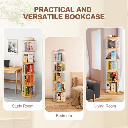 TAKEKIT 360° Rotating Bookshelf, 5-Tier Spinning Book Shelf Tower with Solid Wood & Clear Acrylic, Round Revolving Bookcase for Living Room, Bedroom and Office - color: Natural Round, size: 5-Tier