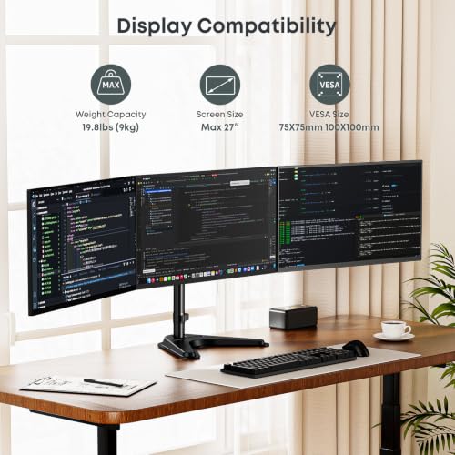 Triple Monitor Stand fits 3 Screens up to 27 Inches, Freestanding | Cable Management, Heavy Duty, Fully Adjustable, Weighted Base, 22 lbs Capacity per Arm, Black