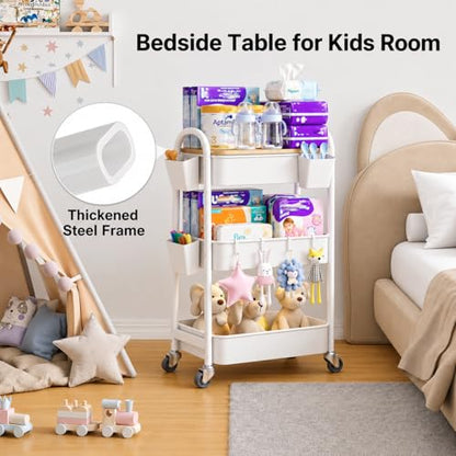 3 Tier White Metal Heavy Duty Rolling Cart with Wheels and Wooden Table Top | Three-Tiered Storage Organizer Utility Cart for Art, Craft, Baby, Diaper Caddy, Coffee, Kitchen, Cleaning, Office Supplies - color: White
