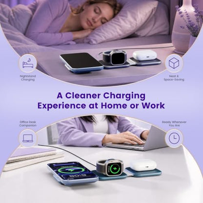 15W Magnetic Travel Charging Station, 3-in-1 Foldable MagSafe Charger - color: Navy Blue