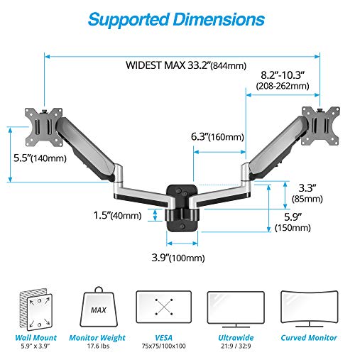 AVLT Dual Monitor Arm Wall Mount for 13-32" Screens, Full Motion - Silver | Supports flat/curved screens up to 17.6 lbs each. Smooth gas spring, VESA 75x75/100x100 and clean cable routing - color: Dual Extended