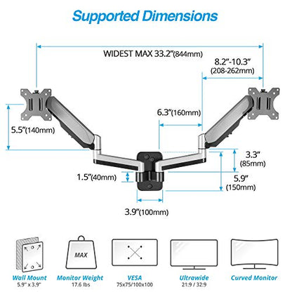 AVLT Dual Monitor Arm Wall Mount for 13-32" Screens, Full Motion - Silver | Supports flat/curved screens up to 17.6 lbs each. Smooth gas spring, VESA 75x75/100x100 and clean cable routing - color: Dual Extended