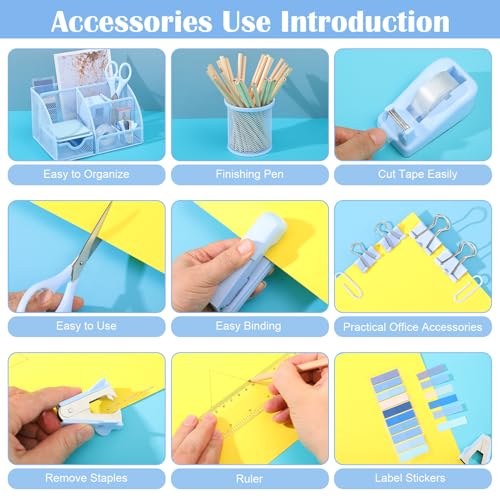 11 In 1 Blue Desk Organizer And Accessories, Light Blue Office Supplies Include Stapler, Tape Dispenser, Pen Holder, Staple Remover, Clips, Ruler, Scissors, Tapes, Tabs - color: Blue