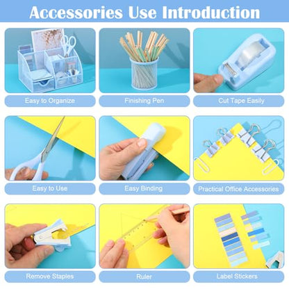 11 In 1 Blue Desk Organizer And Accessories, Light Blue Office Supplies Include Stapler, Tape Dispenser, Pen Holder, Staple Remover, Clips, Ruler, Scissors, Tapes, Tabs - color: Blue
