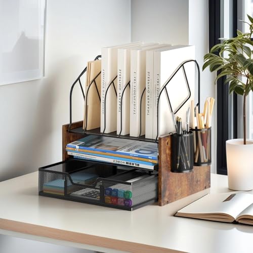 Desk Organizer with Drawer, Desktop File Organizer and Paper Tray Organizer with Vertical File Holder, Office Desk Accessories for Mail, Documents, Papers, Notebooks and Home Office Storage - size: 2 Tier Drawer with Vertical File Holder