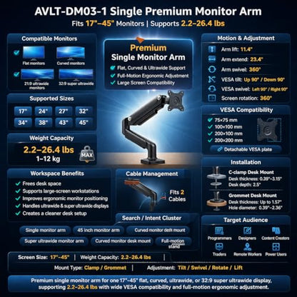 AVLT Single 17"-45" Monitor Arm Desk Mount Premium - White - color: White