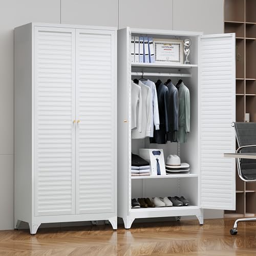 Steeloong 71"Armoire Wardrobe Close,White Wardrobe Cabinet with Hanging Rod | Metal Closet Cabinet with Doors and Adjustable Shelves,Freestanding Clothing Storage Cabinets for Bedroom Office,Gym,Hospital - color: White, style: 71"H Wardrobe