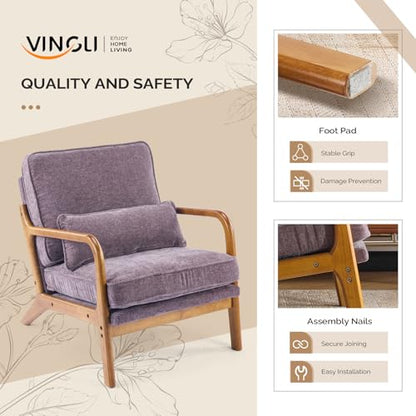 VINGLI Chenille Mid-Century Modern Accent Chair Set of 2, Cute Reading Arm Chair with Cushion & Lumbar Pillow & Solid Wood Frame for Lounge, Living Room, Reading Room, Bedroom, Light Purple - color: Light Purple