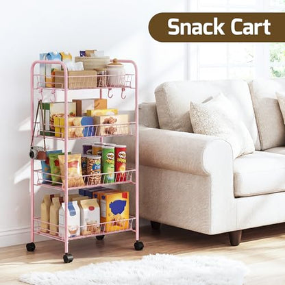 PLKOW 4-Tier Rolling Utility Cart with Detachable Baskets, Pink - color: Pink