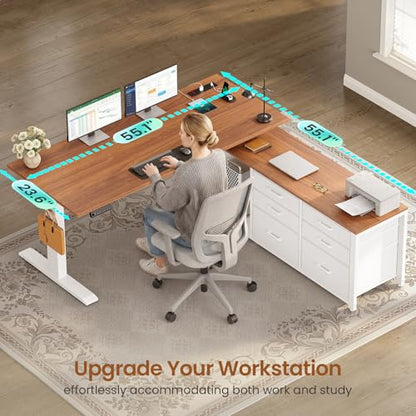 SEDETA L Shaped Electric Standing Desk, 55" x 55" Height Adjustable Office Executive Desk with 6 Fabric Drawers and Storage Shelves, Sit Stand Computer Desk with Power Outlet (White + Brown) - color: White + Brown