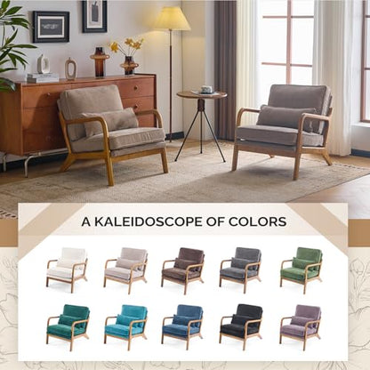 VINGLI Chenille Mid-Century Modern Accent Chair Set of 2, Cute Reading Arm Chair with Cushion & Lumbar Pillow & Solid Wood Frame for Lounge, Living Room, Reading Room, Bedroom, Light Khaki - color: Light Khaki