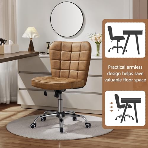 Yaheetech Retro Brown Tufted Armless Desk Chair with Wheels, Faux Leather - color: Retro Brown
