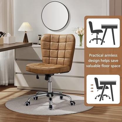 Yaheetech Retro Brown Tufted Armless Desk Chair with Wheels, Faux Leather - color: Retro Brown