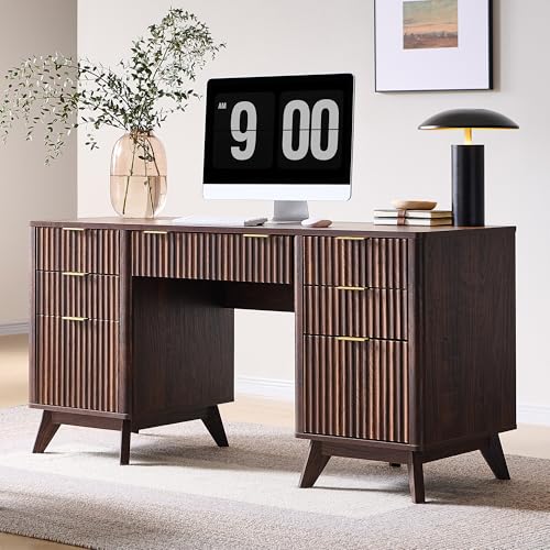 T4TREAM 60-Inch Modern Fluted Executive Desk with Drawers, Dark Walnut | Charging Station, File Cabinet, Keyboard Tray, Storage Cabinet, Organized Workspace for Home, Office - color: Dark Walnut