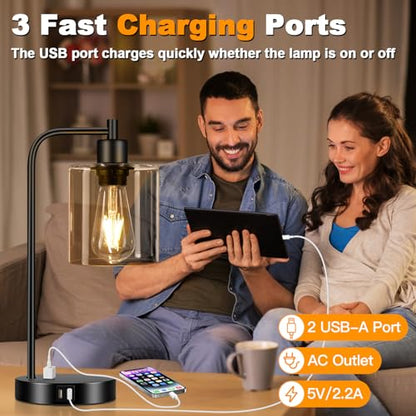 Set of 2 Industrial Touch Control Table Lamps with 2 USB Ports and AC Outlet - 3-Way Dimmable Black Bedside Lamp Nightstand Desk Lamps for Bedroom Living Room, Amber Glass Shade & 2 LED Bulbs Included - color: Black(2 pack)-Amber Glass-Touch Control