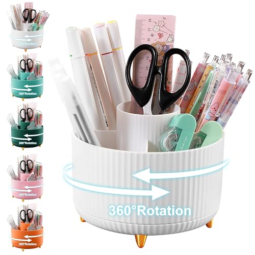 Cayxenful Pencil Holder For Desk,5 Slots 360°Degree Rotating Desk Organizers And Accessories,Desktop Storage Stationery Supplies Organizer, Cute Pencil Cup Pot For Office, School, Home (B-White) - color: B-White