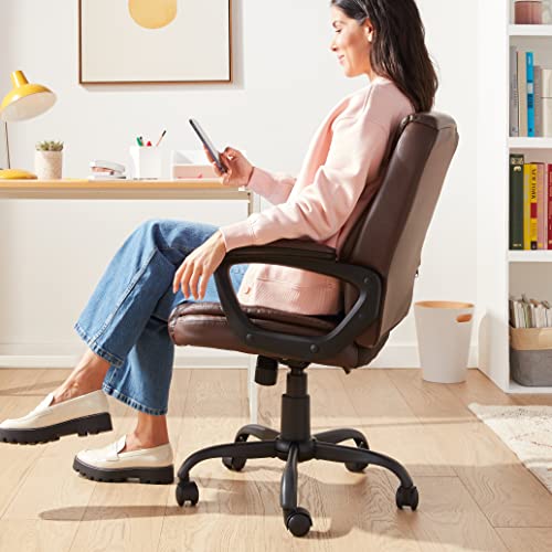 Amazon Basics Classic Puresoft PU Padded Mid-Back Office Chair with Armrest, Height Adjustable, Wheels, 25.75"D x 24.25"W x 42.25"H, Brown - color: Brown