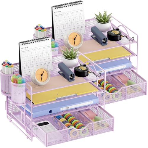 Marbrasse Desk Organizer, 4-Tier Paper File Letter Tray, Purple-2P | Sturdy Paper Tray, File Holder, Built-in Drawer, 2 Pen Slots, fits Letters/Files, for School Home Office Supplies - color: Purple with Pen Holder 2P