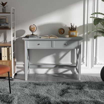 Lewahom Computer Desk with 2 Drawers, Elegant Home Office Writing Study Desk with Storage, Modern Simple Vanity Desk Console Table for Living Room, Grey - color: Grey