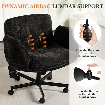 Criss Cross Chair with Lumbar Airbag & Folding Arms Relieve Back Pain, Wide Cross Legged Office Chair for Home Office, Comfy Swivel Desk Chair with Wheels, 5 Level Adjustable Armrest, Chenille(Black) - color: Black, style: With Airbag Lumbar Support