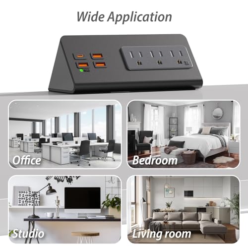 Power Charge Station Edge clamp Mount 15A 1875W with USB-C portsTabletop Surge Protector Desk Clamp Power Sockets with 3 AC Outlets and 4 Fast Charging USB Ports PD 30W Fast Charging