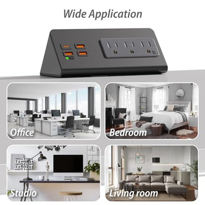 Power Charge Station Edge clamp Mount 15A 1875W with USB-C portsTabletop Surge Protector Desk Clamp Power Sockets with 3 AC Outlets and 4 Fast Charging USB Ports PD 30W Fast Charging