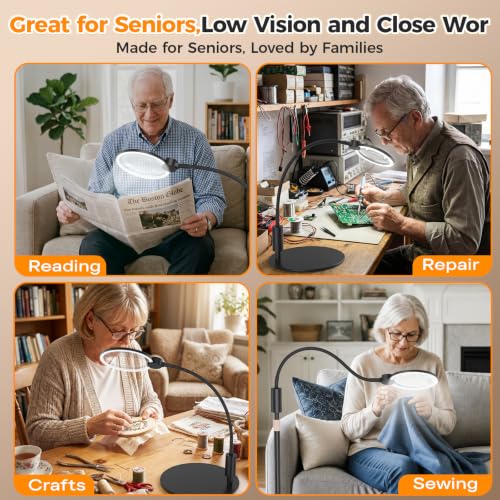 Rechargeable Cordless Floor Magnifying Glass with Light and Stand | 2-in-1 Floor & Desk Magnifying Lamp, 48 LED 3 Light Modes, Flexible Gooseneck, Hands-Free for Seniors Reading, Crafts, Sewing