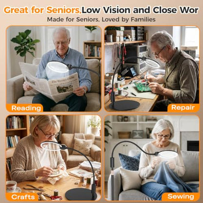 Rechargeable Cordless Floor Magnifying Glass with Light and Stand | 2-in-1 Floor & Desk Magnifying Lamp, 48 LED 3 Light Modes, Flexible Gooseneck, Hands-Free for Seniors Reading, Crafts, Sewing