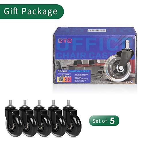 Replacement Office Chair Caster Wheels by 8T8, Set of 5, Rubber Chair Casters with Threaded Stem 3/8''-16X1(NOT Metric M10), Quiet and Smooth Gliding,Safe for Woood Hardwood Carpet Floors - style: No Nuts