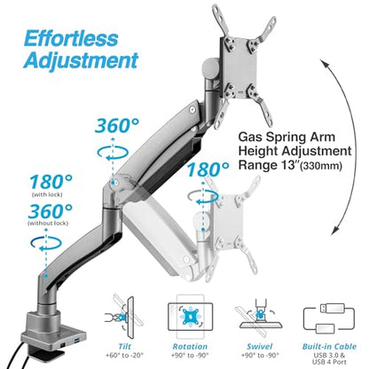 AVLT Single 17"-57" Super Ultrawide Monitor Arm - Gray | Screens Up to 59.5 lbs Premium Aluminum Desk Stand Adjustable Pneumatic Height Full Motion Swivel Tilt Rotation USB-C&A Ports - color: Gray-17 to 57 Inch