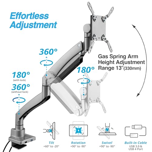 AVLT Single 17"-57" Super Ultrawide Monitor Arm - Gray | Screens Up to 59.5 lbs Premium Aluminum Desk Stand Adjustable Pneumatic Height Full Motion Swivel Tilt Rotation USB-C&A Ports - color: Gray-17 to 57 Inch
