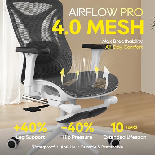 CYKOV Ergonomic Office Chair with Footrest - Adjustable Lumbar Support & Headrest, 90-160° Reclining Mesh Back Computer Chair - Home Office/Gaming, 350lbs Capacity (W-Black, Mesh) - color: W-black