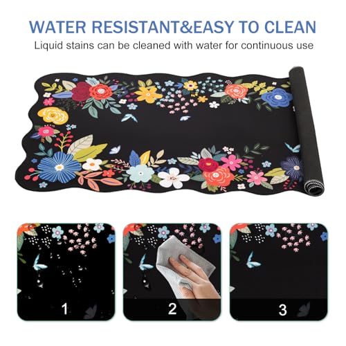 L-SPOUTTO Floral Mouse Pad, Black Scalloped Desk Mat XXL Gaming Mousepad | Botanical Large 35.4x15.7in Non-Slip Rubber Base Keyboard Pad Waterproof Desktop Mat for Laptop Computer Game Home Office - color: Black Floral